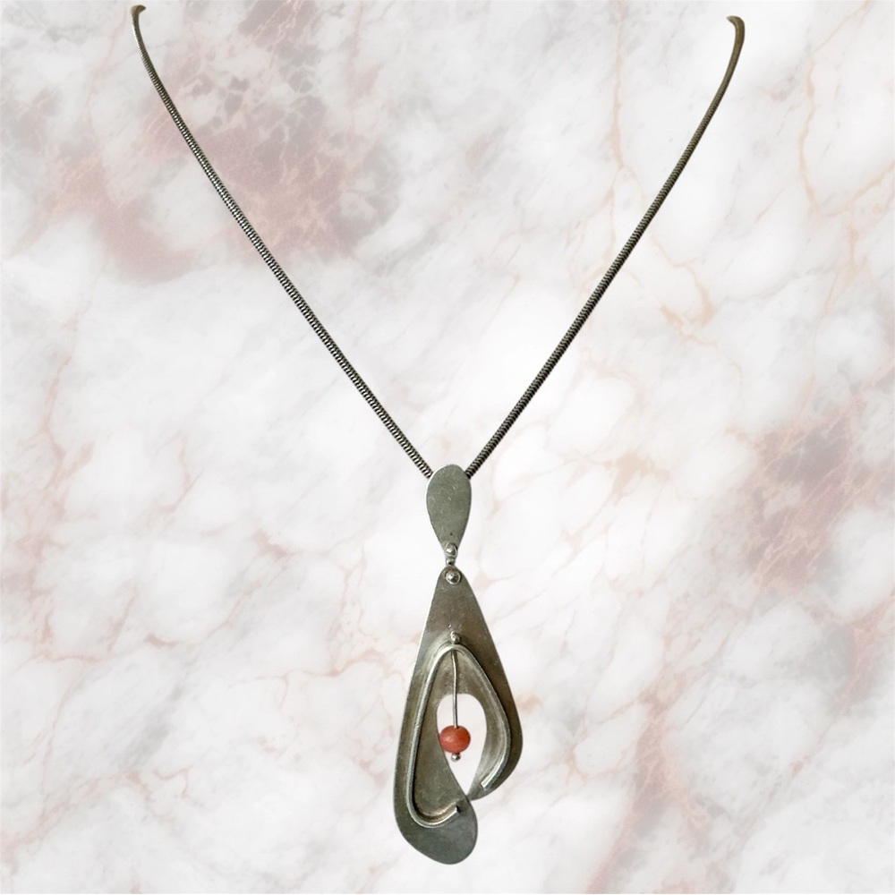 Mid C Mod Design Henry Steig Silver w Coral Pendant Necklace - c 1940s - Signed